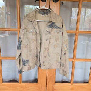 Chico's Design Denim Jacket Size 2 Women's Medium Beige Oriental Print Stretch